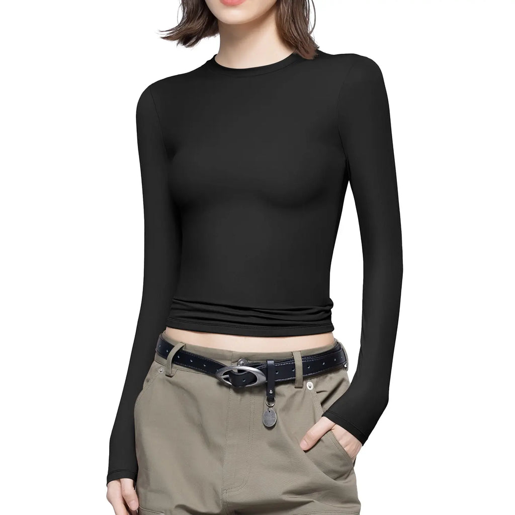 PUMIEY Long Sleeve Basic Tee Women's Crew Neck Slim Fit Tops Streetwear Minimalist Double Layer Compression Tee Casual Cloud Going outfits Office Outfits Women Elegant Classy tops Cute Fall outfits Summervibes summerwins