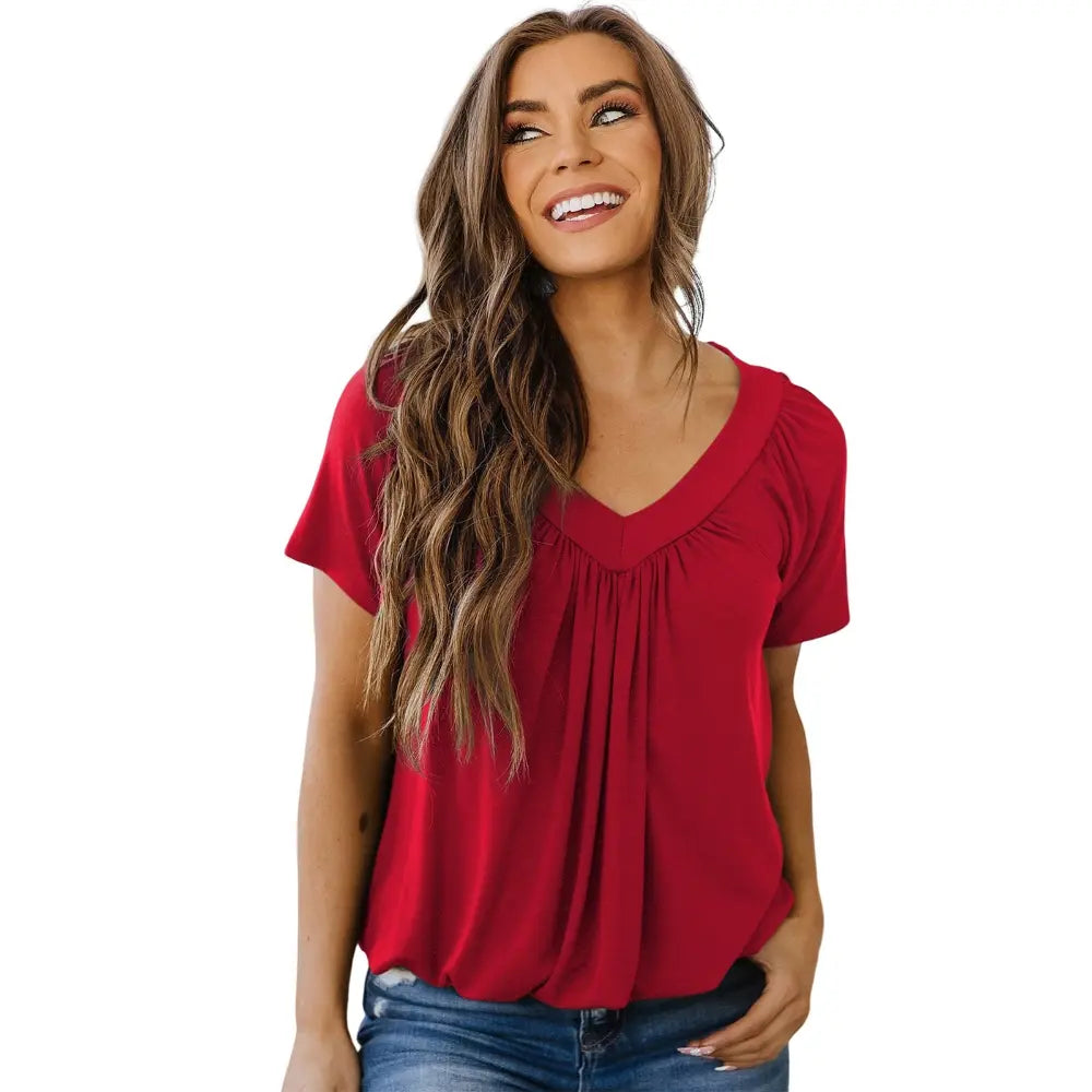 Women's Casual Summer Short Sleeve V Neck Tops T-shirts - Loose Fit & Comfortable Shirring Top