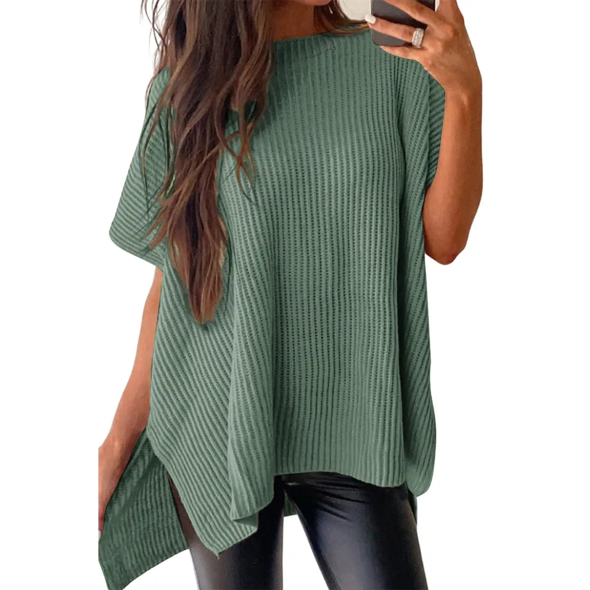 Women's Ribbed Knit Top Batwing Short Sleeve Crew Neck Oversized High Low Side Split Casual Blouse  DealsForYouDays