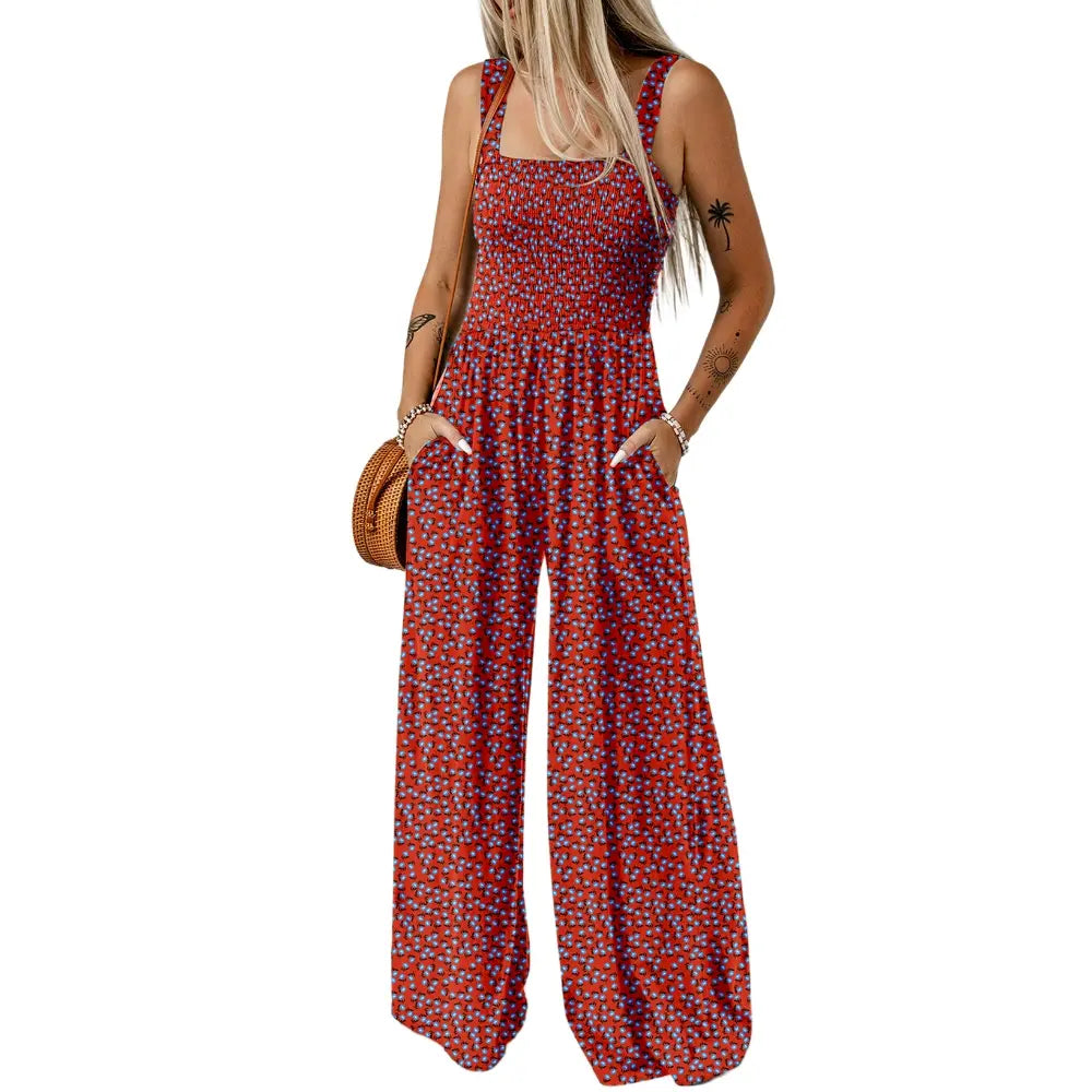 Women's Casual Loose Overalls Jumpsuits One Piece Sleeveless Printed Wide Leg Long Pant Rompers With Pockets Bohemian Womenswear