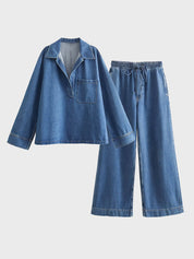 Lapel Drawstring Denim Set