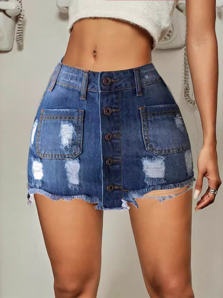 Buttoned Ripped Denim Skirt