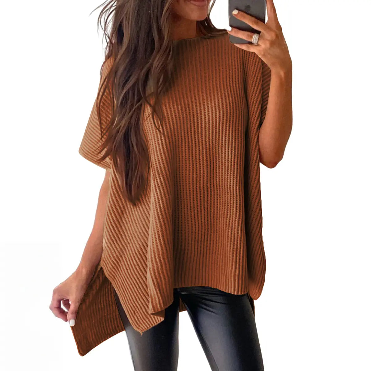 Women's Ribbed Knit Top Batwing Short Sleeve Crew Neck Oversized High Low Side Split Casual Blouse  DealsForYouDays