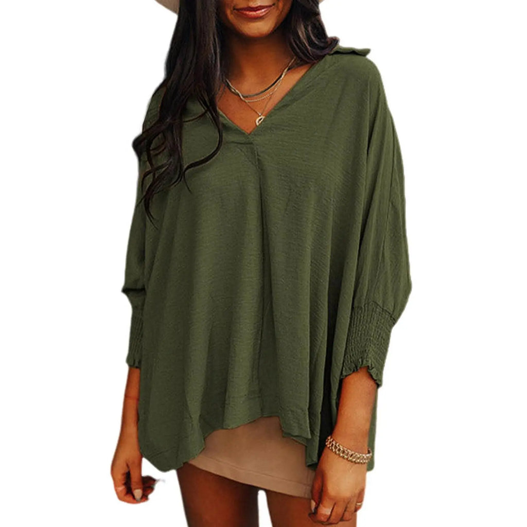 Dokotoo Women's V-Neck 3/4 Sleeve Oversized Tunic Tops Casual Summer Blouses Fitted Shirts 100% Polyester Comfortable Fabric