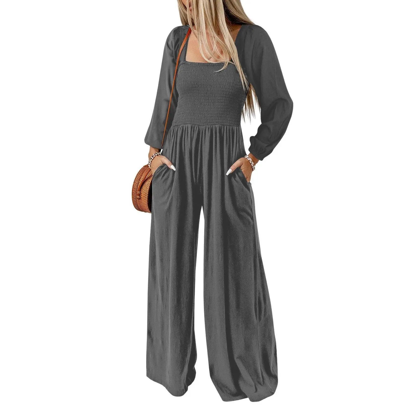 Dokotoo Women's Casual Loose Overalls Jumpsuits One Piece Long Sleeve Wide Leg Long Pant Rompers With Pockets