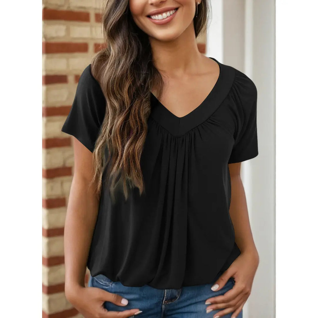 Dokotoo Women's Casual Summer Short Sleeve V Neck Tops T-shirts - Loose Fit & Comfortable Shirring Top