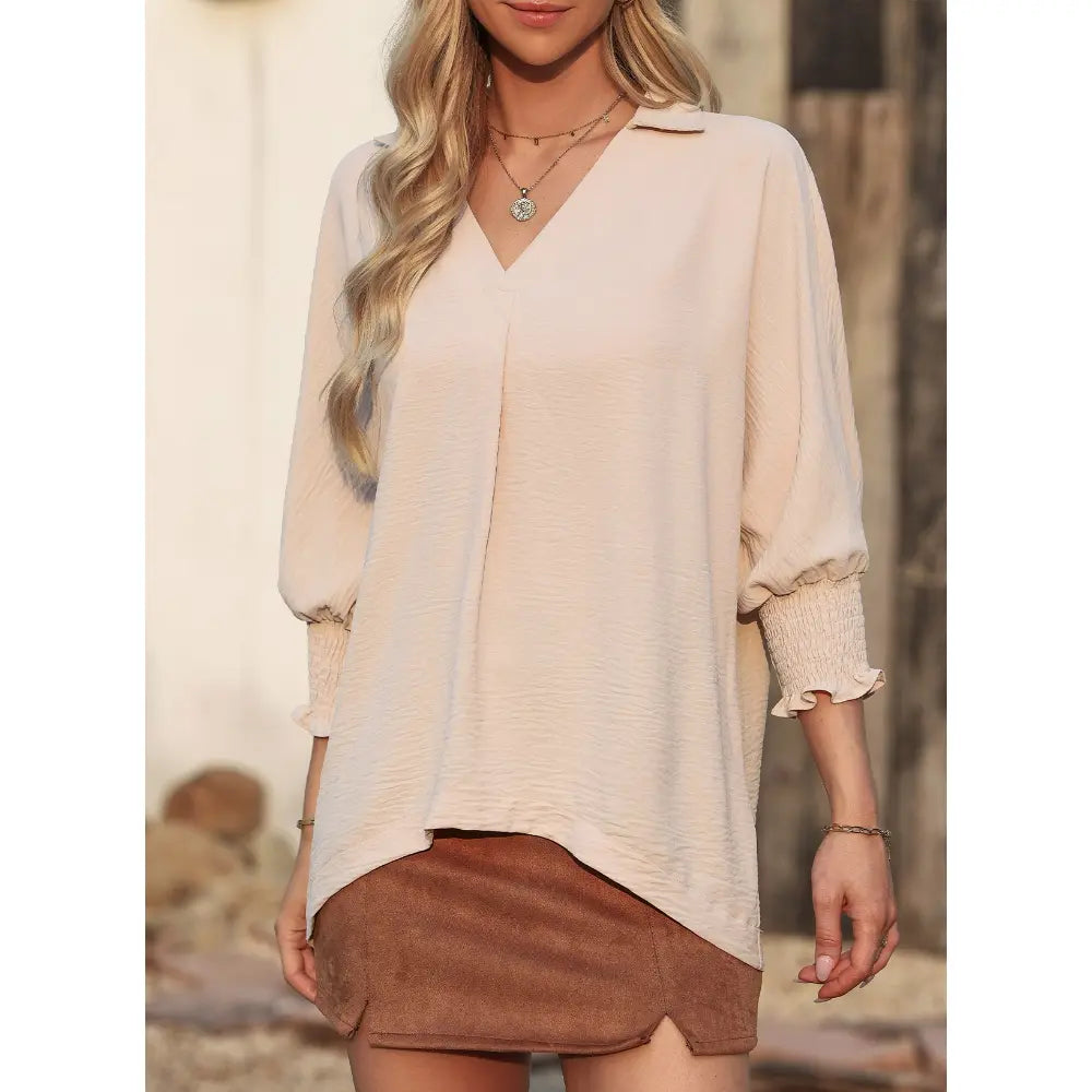 Dokotoo Women's V-Neck 3/4 Sleeve Oversized Tunic Tops Casual Summer Blouses Fitted Shirts 100% Polyester Comfortable Fabric