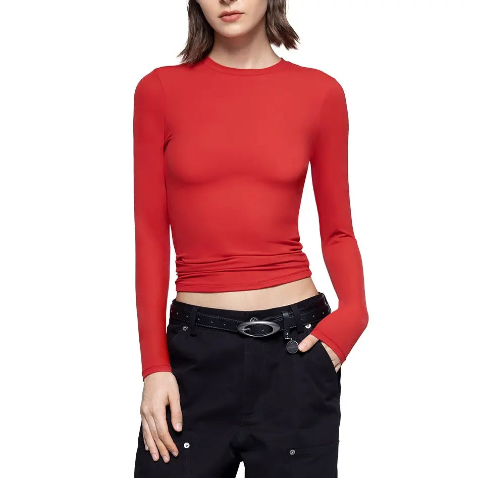 Long Sleeve Basic Tee Women's Crew Neck Slim Fit Tops Streetwear Minimalist Double Layer Compression Tee Casual Cloud Going outfits Office Outfits Women Elegant Classy tops Cute Fall outfits Summervibes summerwins