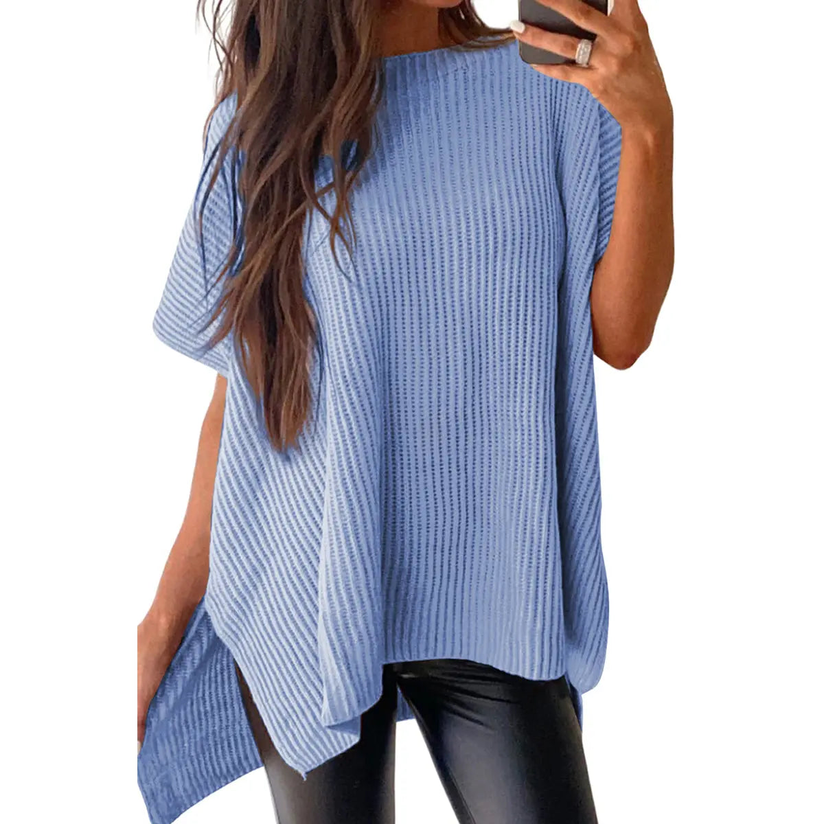 Women's Ribbed Knit Top Batwing Short Sleeve Crew Neck Oversized High Low Side Split Casual Blouse  DealsForYouDays
