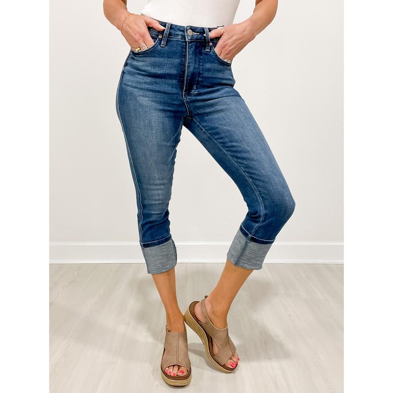 REBLEU High Waist Tummy Control Cuff Capri Jeans