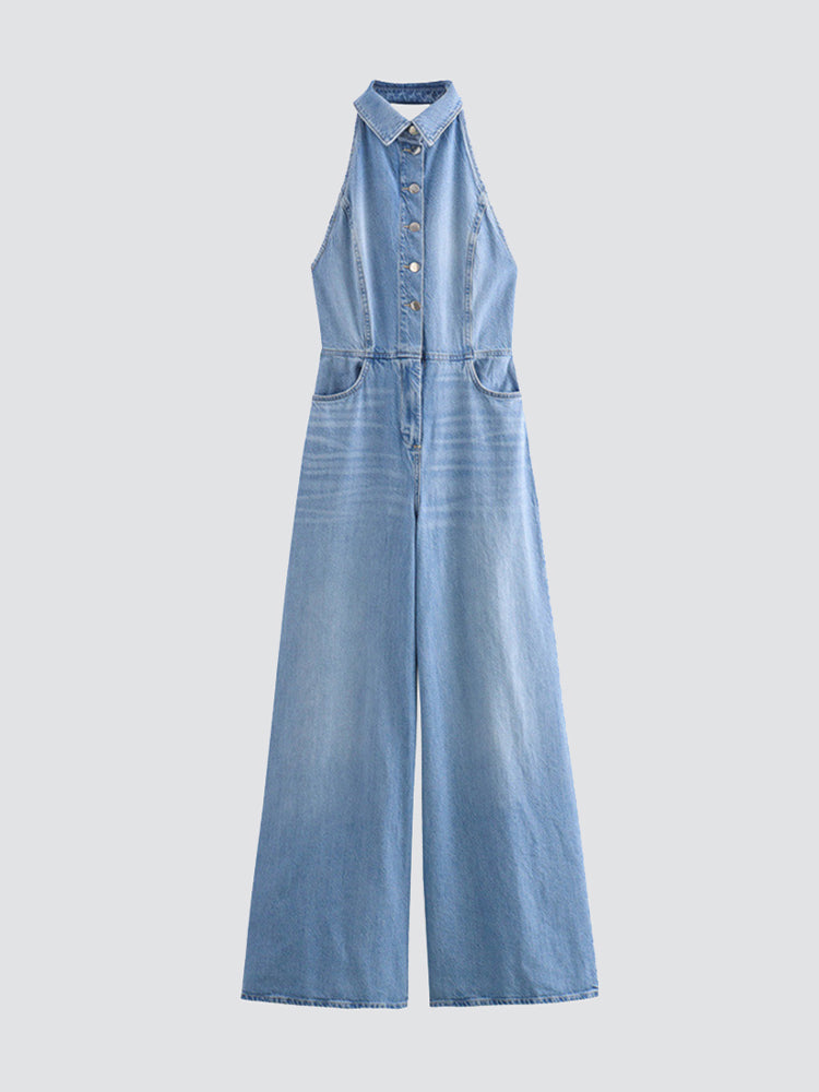 Retro Backless Denim Jumpsuit