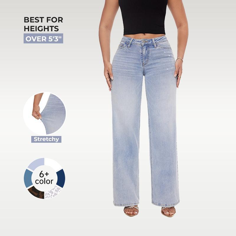 Mid-low Rise Baggy Stretchy Distressed Wide Leg Jeans