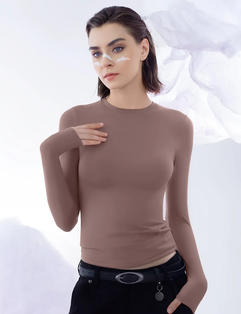 PUMIEY Long Sleeve Basic Tee Women's Crew Neck Slim Fit Tops Streetwear Minimalist Double Layer Compression Tee Casual Cloud Going outfits Office Outfits Women Elegant Classy tops Cute Fall outfits Summervibes summerwins