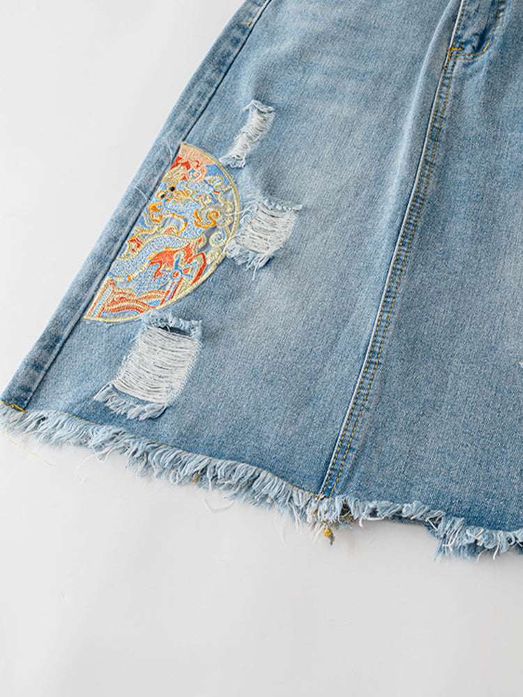 Embroidered Denim Skirt Suit