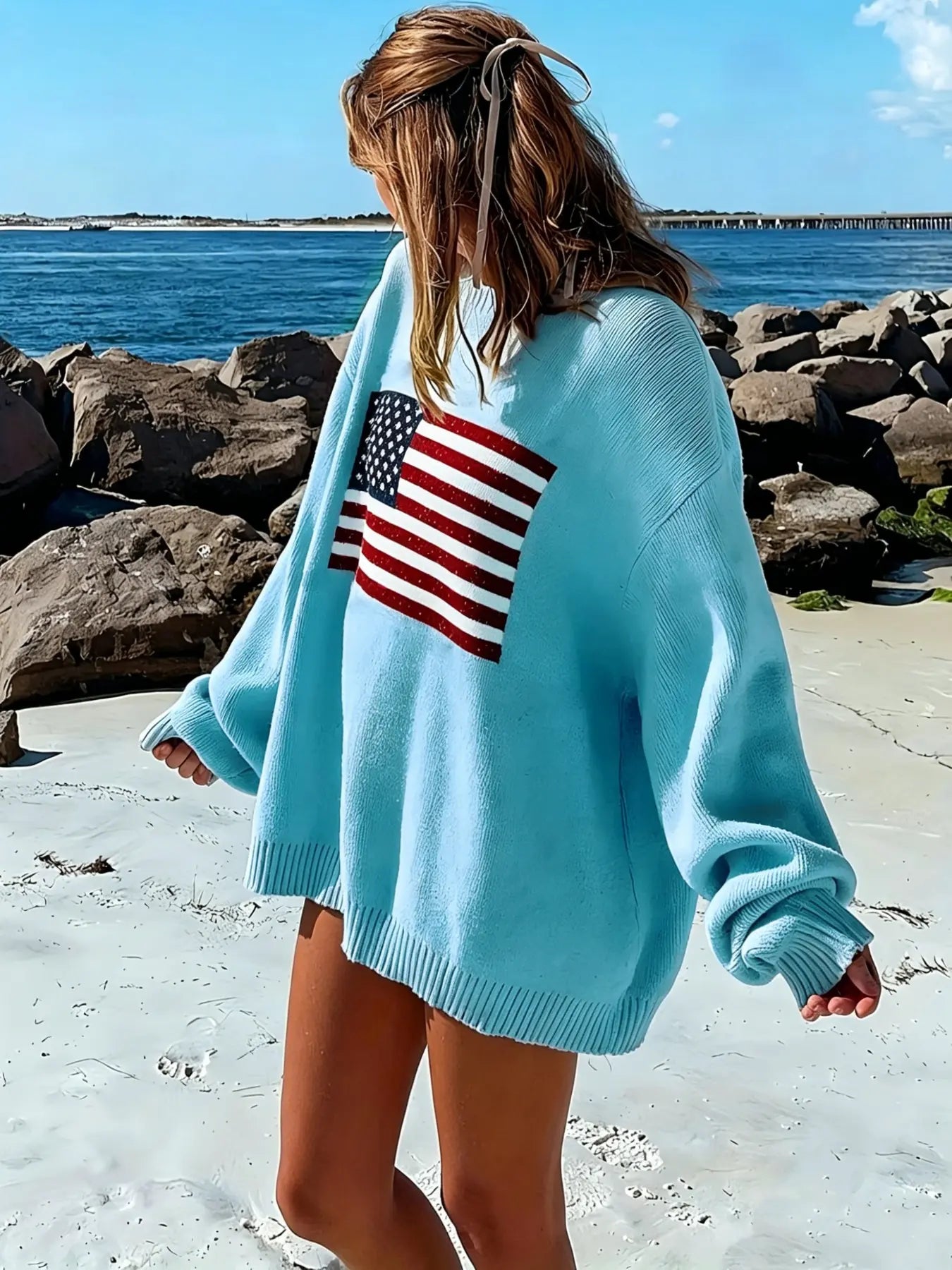 Women's Striped Print Drop Shoulder Oversized Crewneck Sweater, Street Casual Long Sleeve Round Neck Jumper for Spring & Fall, Women's Knitwear for Everyday Wear, Womenswear