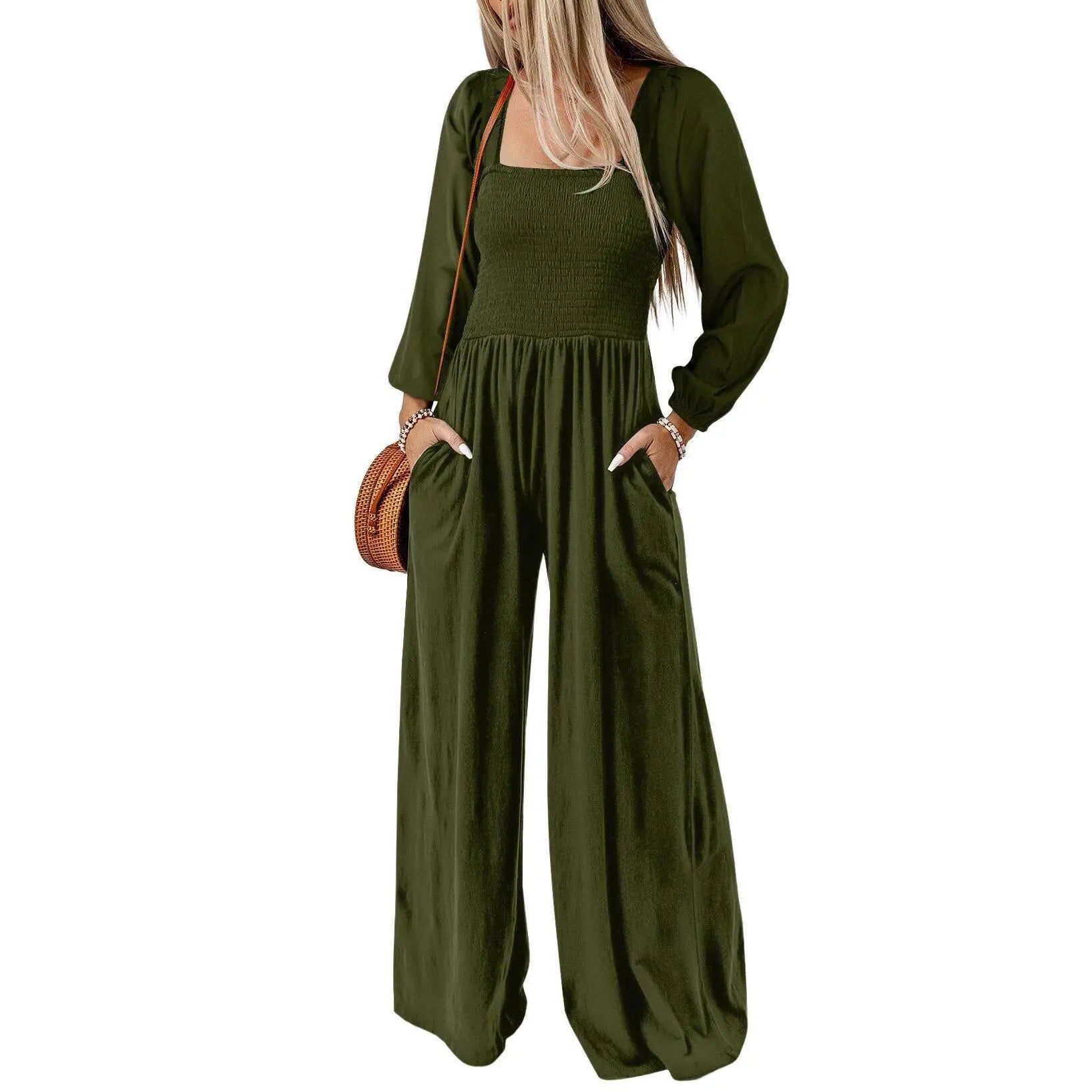 Women's Casual Loose Overalls Jumpsuits One Piece Long Sleeve Wide Leg Long Pant Rompers With Pockets