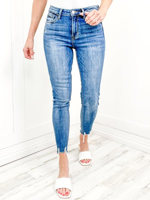 Hi-Rise Distressed Hem Ankle Skinny Jeans