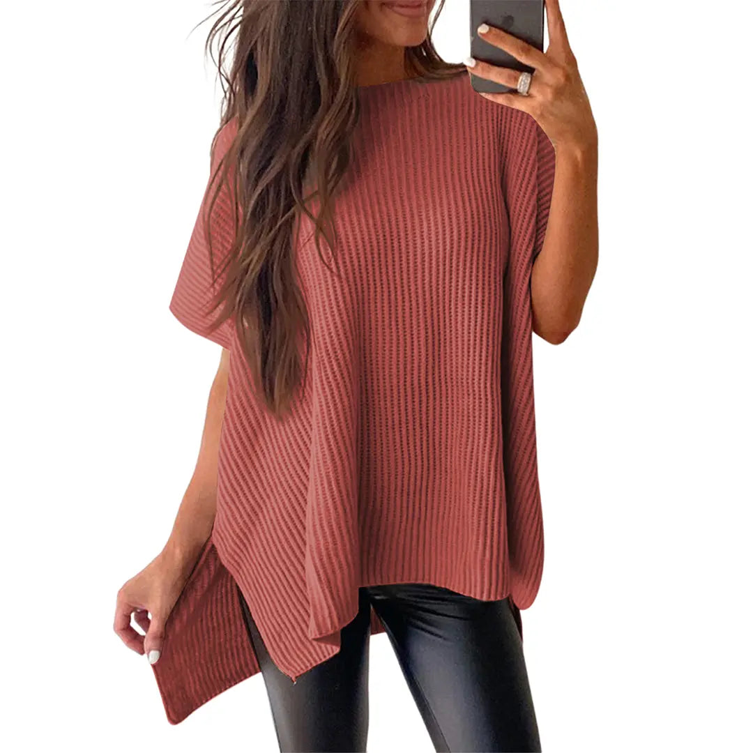 Women's Ribbed Knit Top Batwing Short Sleeve Crew Neck Oversized High Low Side Split Casual Blouse  DealsForYouDays