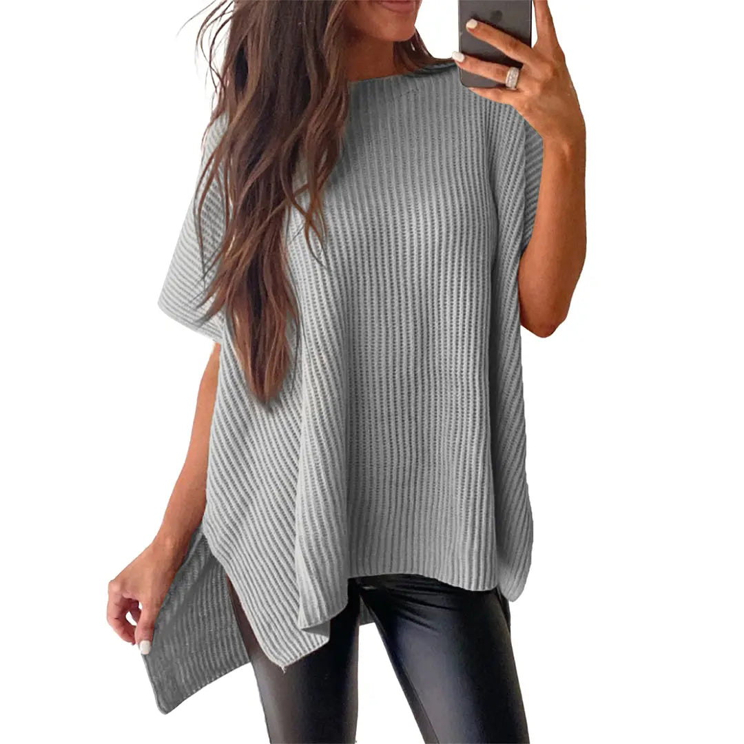 Women's Ribbed Knit Top Batwing Short Sleeve Crew Neck Oversized High Low Side Split Casual Blouse  DealsForYouDays