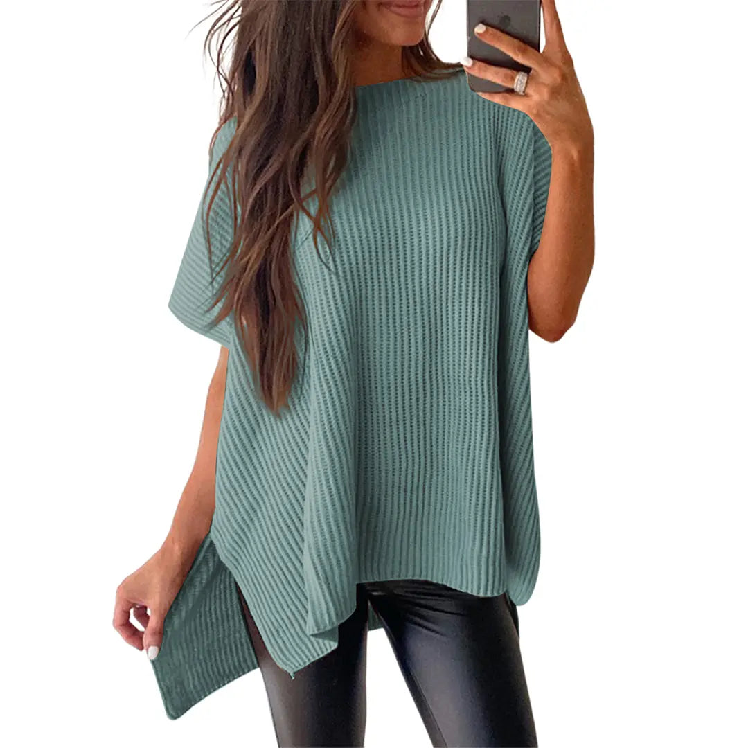 Women's Ribbed Knit Top Batwing Short Sleeve Crew Neck Oversized High Low Side Split Casual Blouse  DealsForYouDays