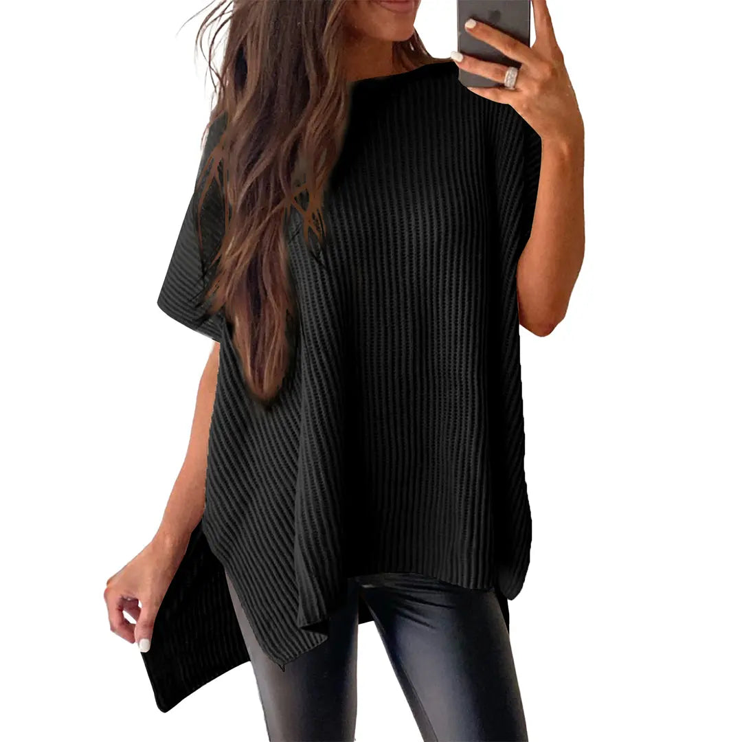 Women's Ribbed Knit Top Batwing Short Sleeve Crew Neck Oversized High Low Side Split Casual Blouse  DealsForYouDays