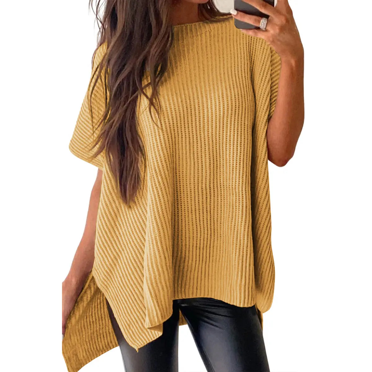 Women's Ribbed Knit Top Batwing Short Sleeve Crew Neck Oversized High Low Side Split Casual Blouse  DealsForYouDays