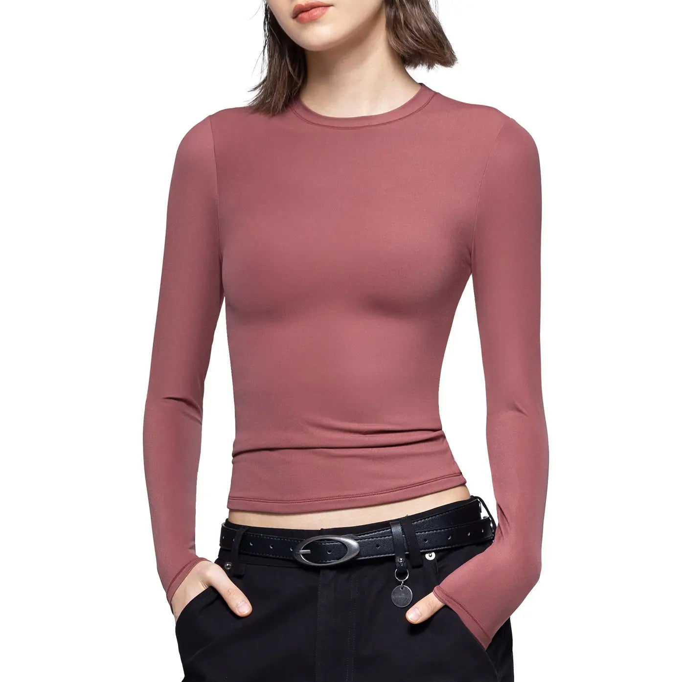 Long Sleeve Basic Tee Women's Crew Neck Slim Fit Tops Streetwear Minimalist Double Layer Compression Tee Casual Cloud Going outfits Office Outfits Women Elegant Classy tops Cute Fall outfits Summervibes summerwins