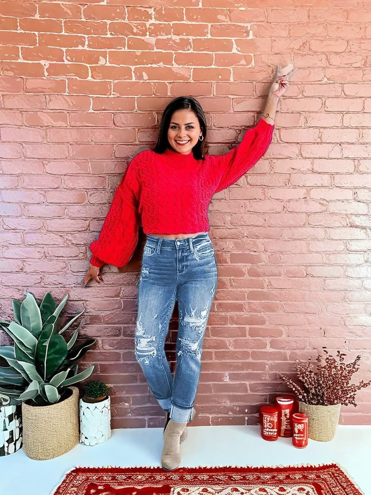 Tummy Control Distressed Cuffed Boyfriend Jeans
