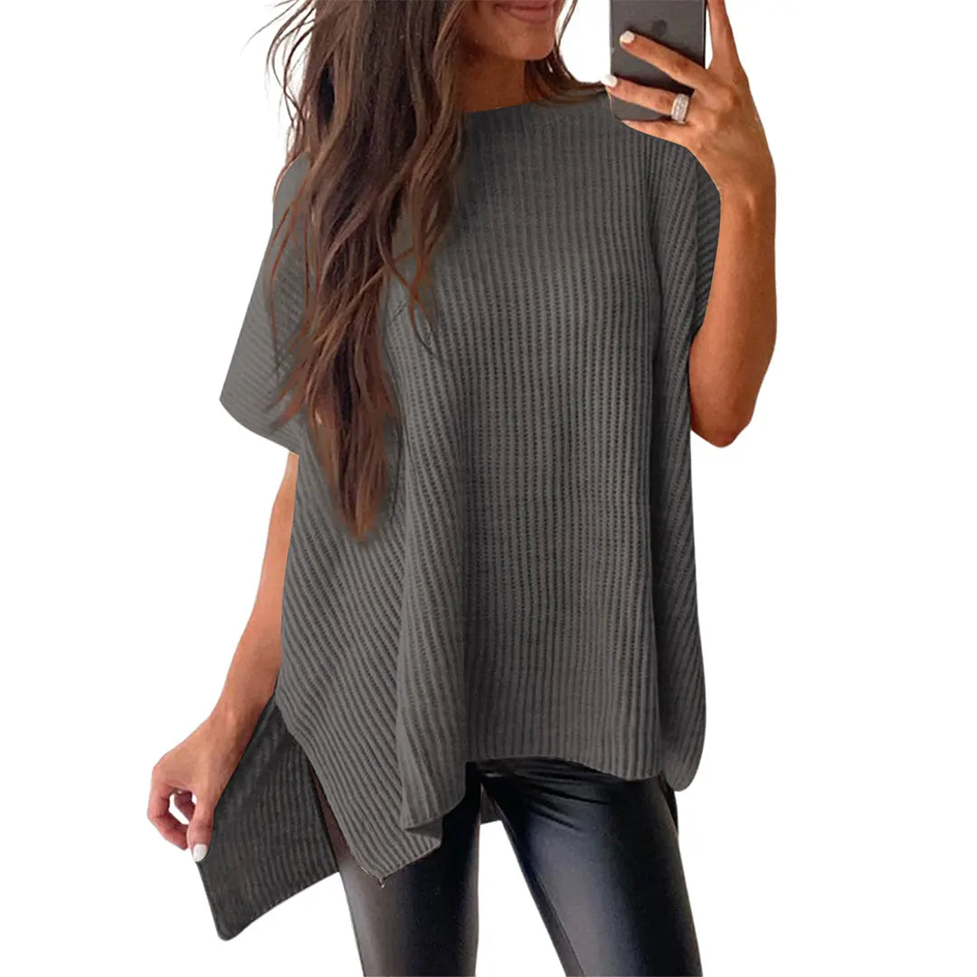 Women's Ribbed Knit Top Batwing Short Sleeve Crew Neck Oversized High Low Side Split Casual Blouse  DealsForYouDays