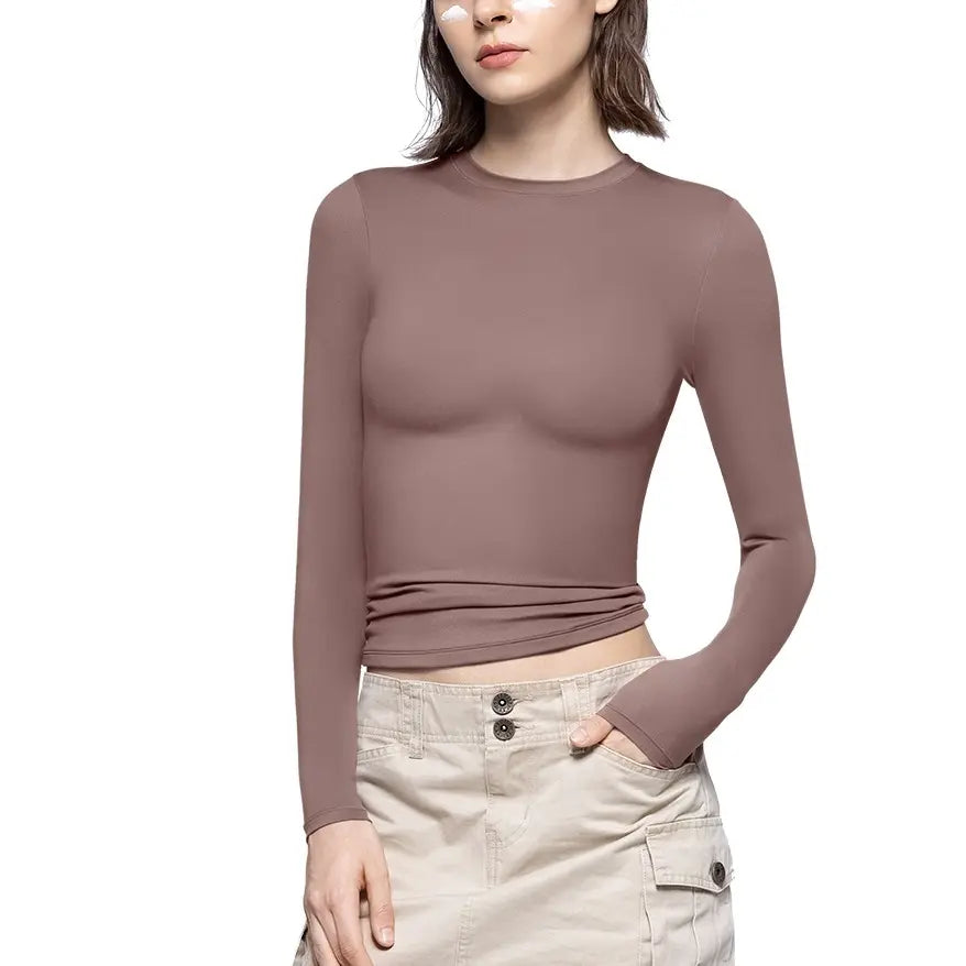 Long Sleeve Basic Tee Women's Crew Neck Slim Fit Tops Streetwear Minimalist Double Layer Compression Tee Casual Cloud Going outfits Office Outfits Women Elegant Classy tops Cute Fall outfits Summervibes summerwins