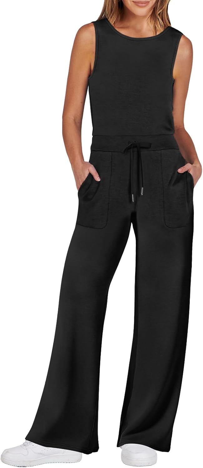 Womens Jumpsuits 2026 Spring Fall Thick Casual Romper Sleeveless Wide Leg Pants One Piece Outfits Vacation Clothes