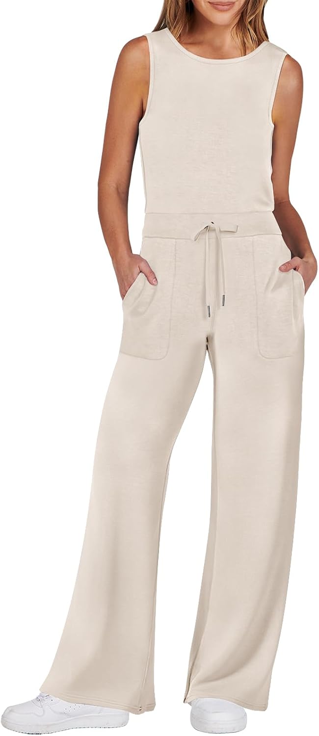 Womens Jumpsuits 2026 Spring Fall Thick Casual Romper Sleeveless Wide Leg Pants One Piece Outfits Vacation Clothes
