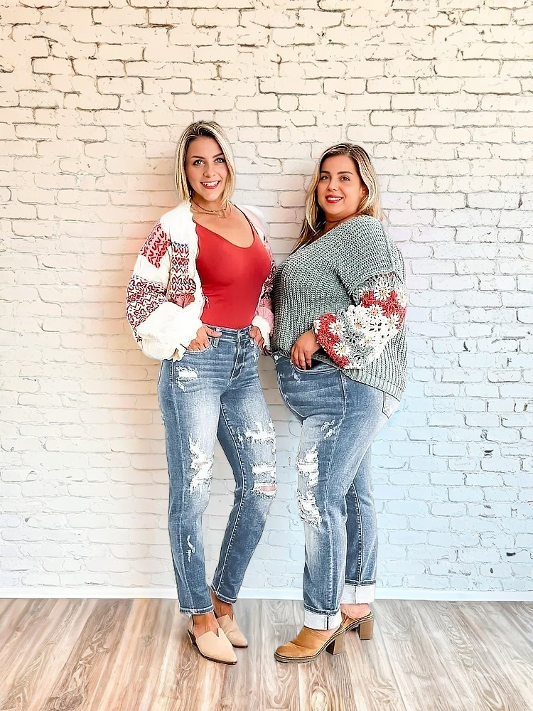 Tummy Control Distressed Cuffed Boyfriend Jeans