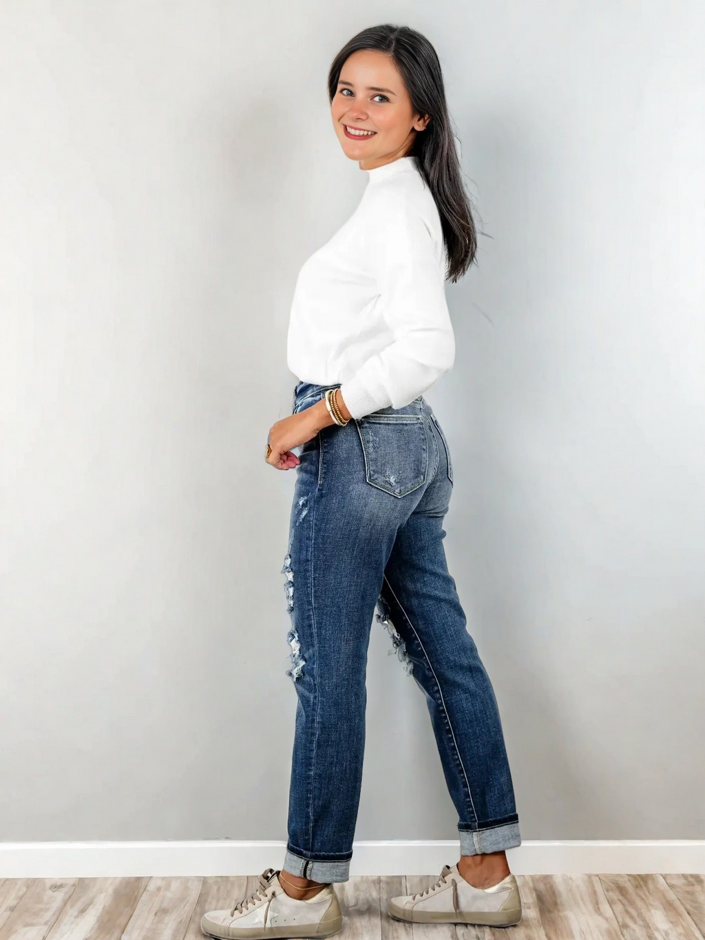 Tummy Control Distressed Cuffed Boyfriend Jeans