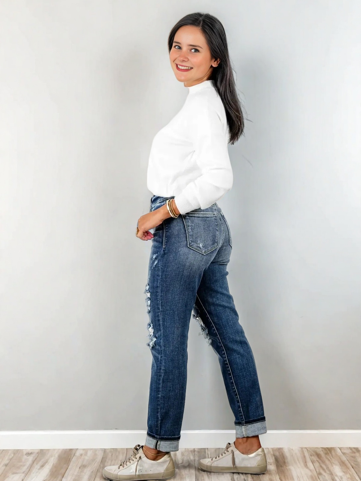 Tummy Control Distressed Cuffed Boyfriend Jeans