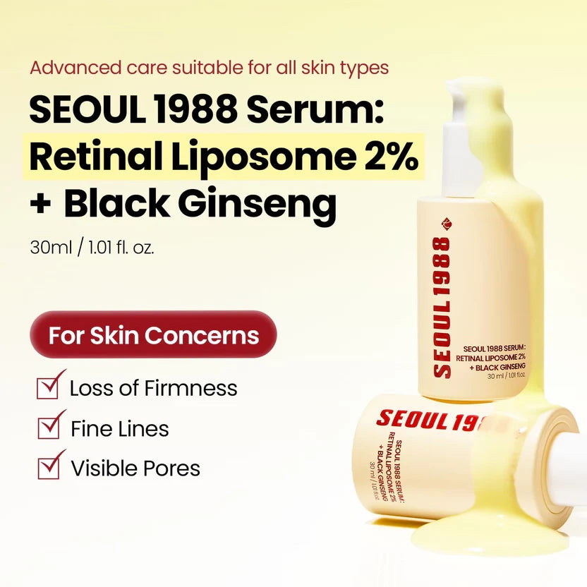 SEOUL 1988 Retinal Serum – Formulated with Advanced Retinal Liposome 2% and 58% Black Ginseng Extract | Fine Lines and Skin Texture Care Serum | Korean Skincare, 30ml / 1.01 fl oz