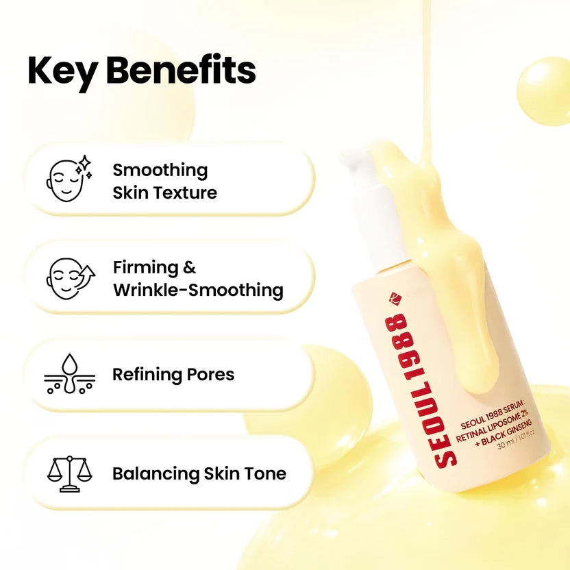 SEOUL 1988 Retinal Serum – Formulated with Advanced Retinal Liposome 2% and 58% Black Ginseng Extract | Fine Lines and Skin Texture Care Serum | Korean Skincare, 30ml / 1.01 fl oz