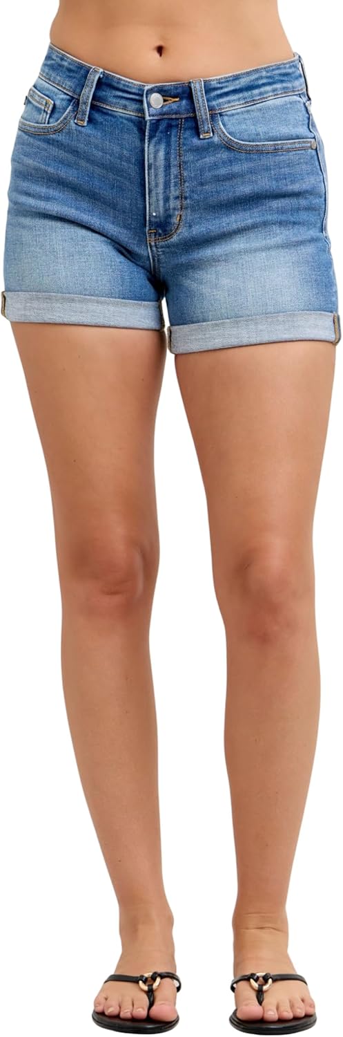 Mid Rise Cuffed Slim Denim Shorts