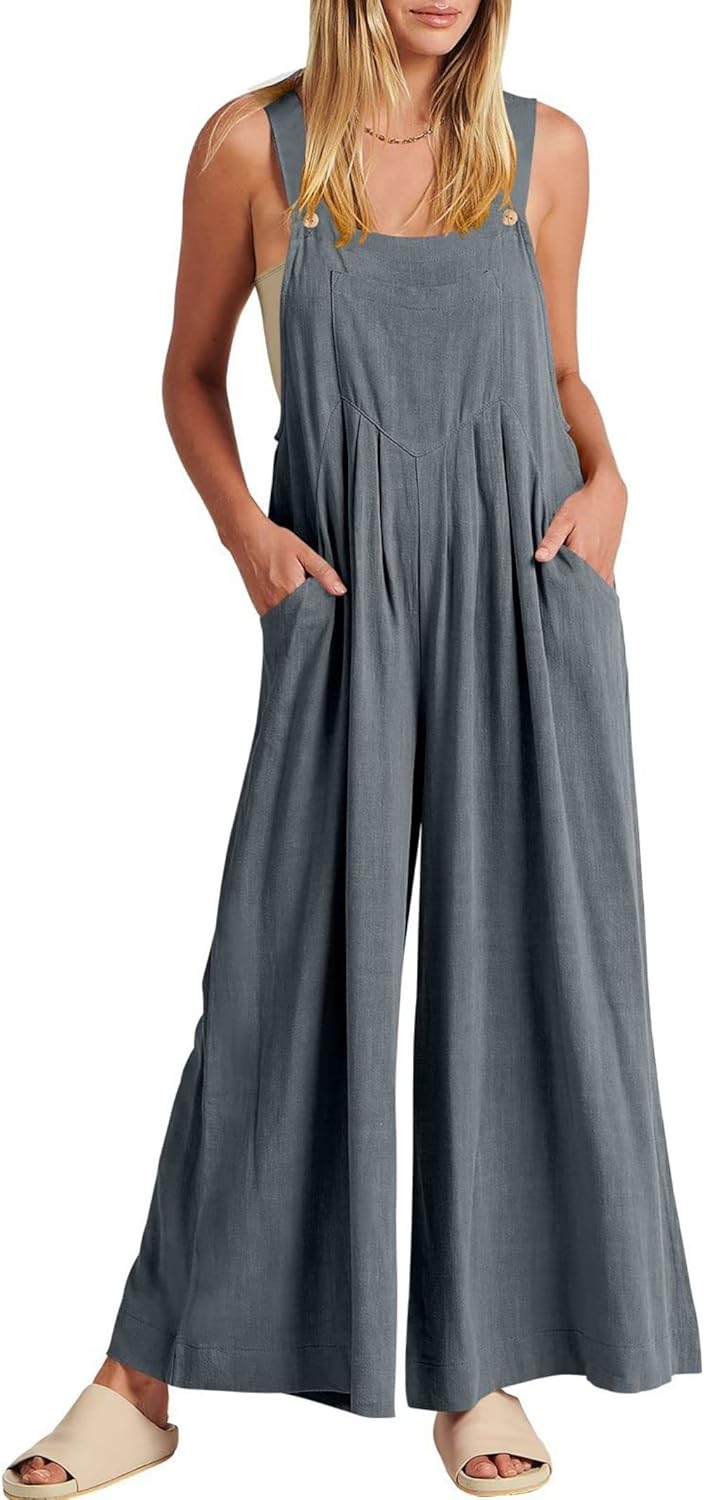 Jumpsuits for Women Long Bib Pants Wide Leg Jumpsuits Baggy Casual Rompers Onesies Sleeveless Jumpsuit With Pockets