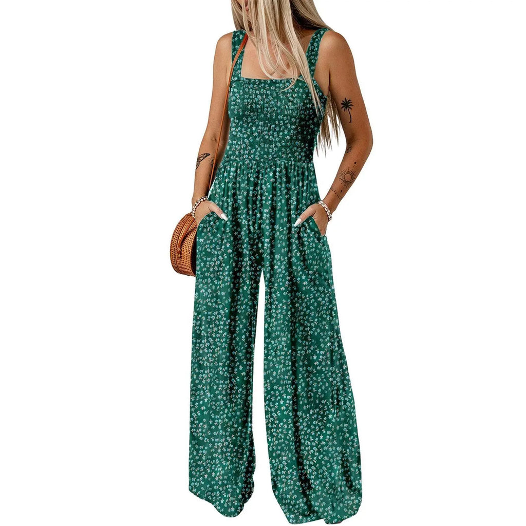 Dokotoo Women's Casual Loose Overalls Jumpsuits One Piece Sleeveless Printed Wide Leg Long Pant Rompers With Pockets Bohemian Womenswear