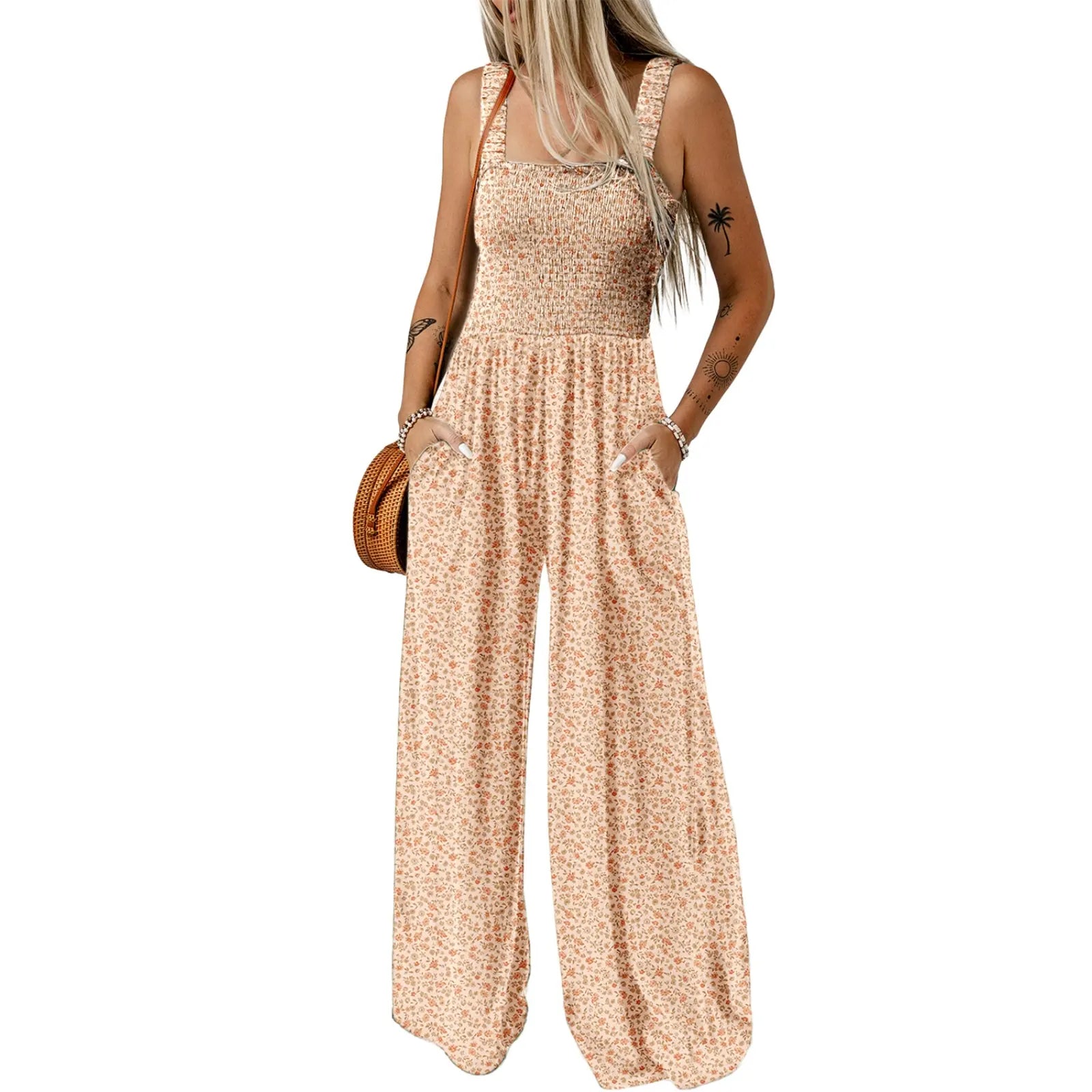 Women's Casual Loose Overalls Jumpsuits One Piece Sleeveless Printed Wide Leg Long Pant Rompers With Pockets Bohemian Womenswear