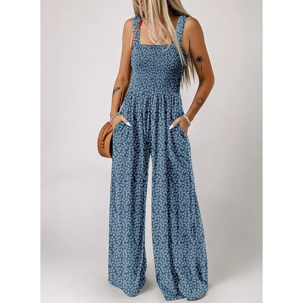 Dokotoo Women's Casual Loose Overalls Jumpsuits One Piece Sleeveless Printed Wide Leg Long Pant Rompers With Pockets Bohemian Womenswear