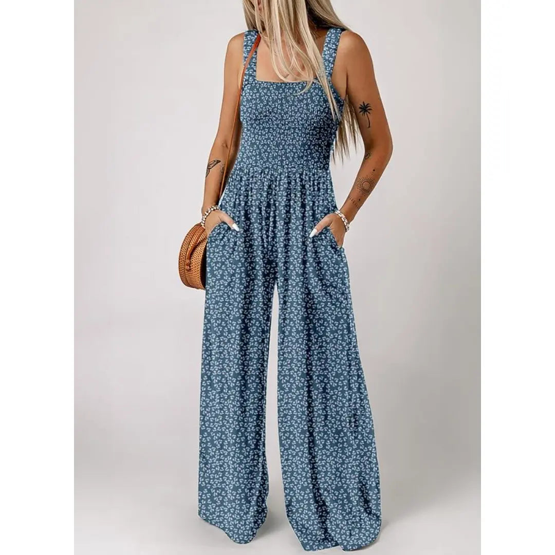 Dokotoo Women's Casual Loose Overalls Jumpsuits One Piece Sleeveless Printed Wide Leg Long Pant Rompers With Pockets Bohemian Womenswear