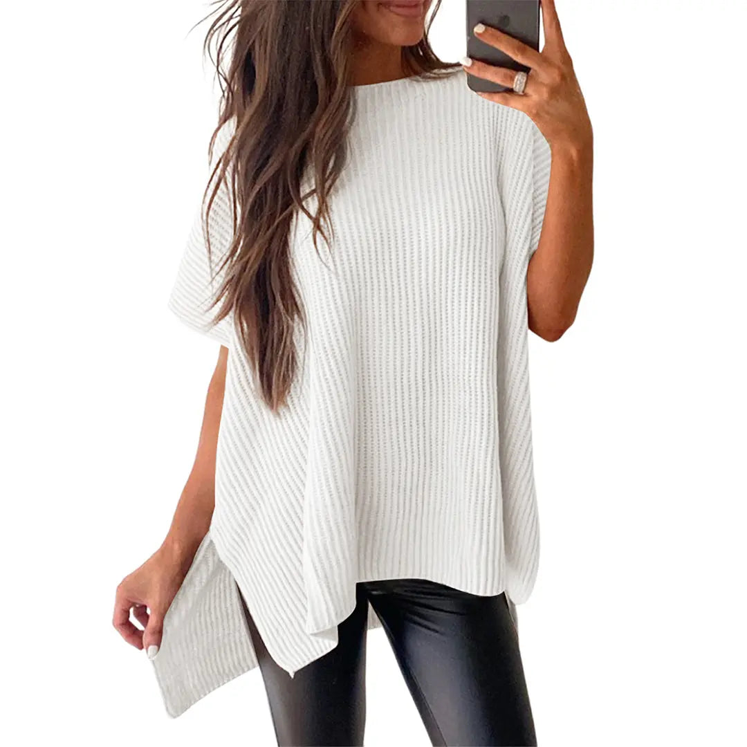 Women's Ribbed Knit Top Batwing Short Sleeve Crew Neck Oversized High Low Side Split Casual Blouse  DealsForYouDays