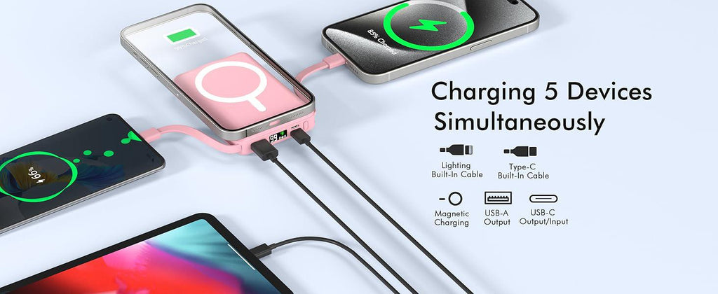 10000mAh Magnetic MagSafe Power Bank, Wireless Charger with LED Display, Dual USB-C & Lightning Cables, USB Output, Portable Mobile Device Accessories for iPhone 17/16/15/14/13/12 Series