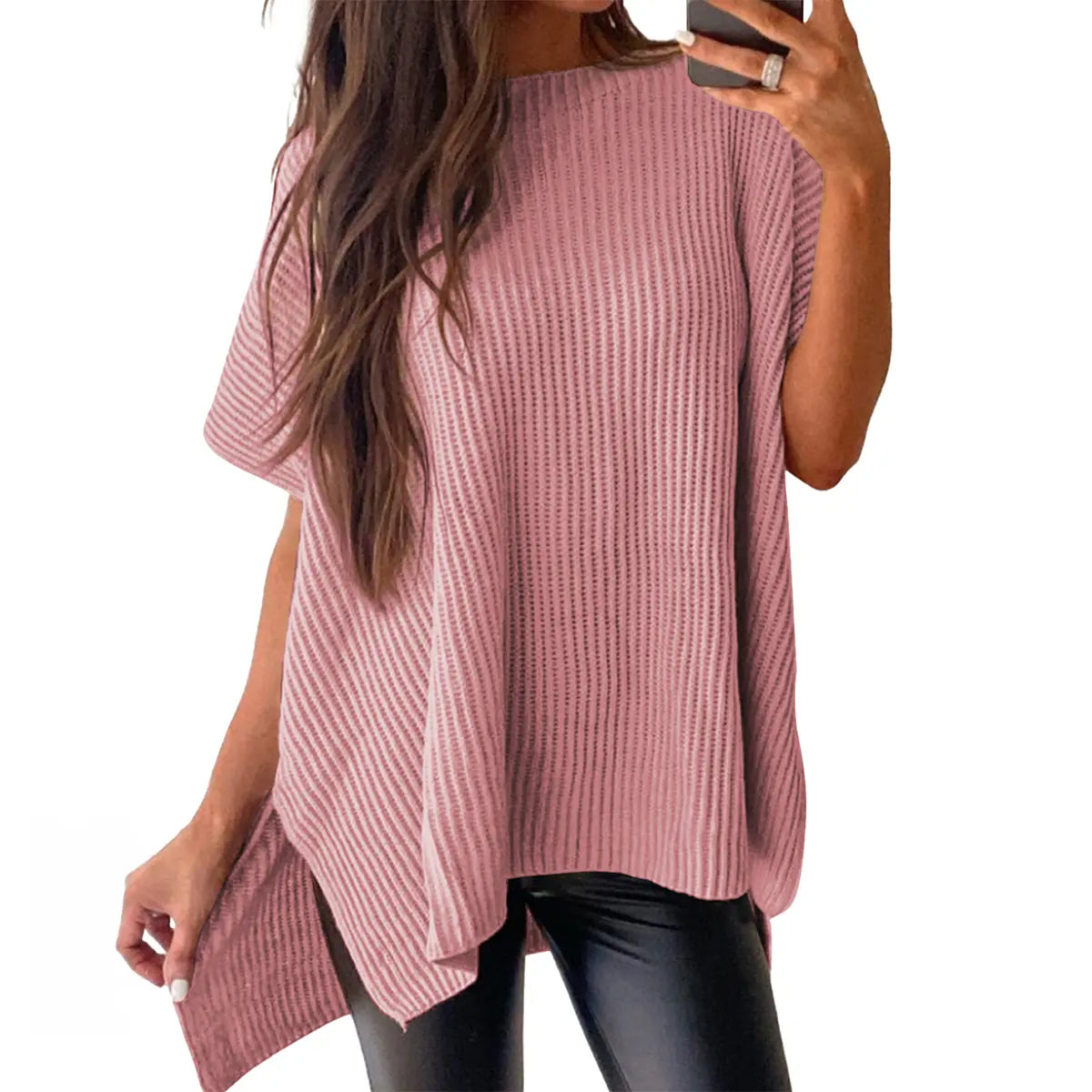 Women's Ribbed Knit Top Batwing Short Sleeve Crew Neck Oversized High Low Side Split Casual Blouse  DealsForYouDays