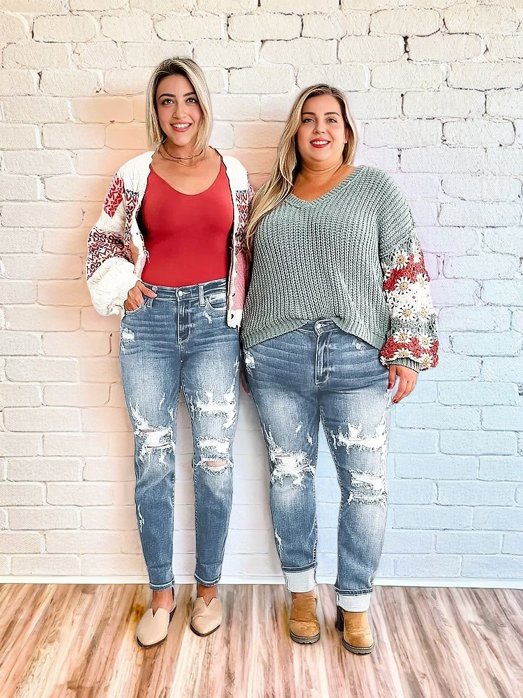 Tummy Control Distressed Cuffed Boyfriend Jeans