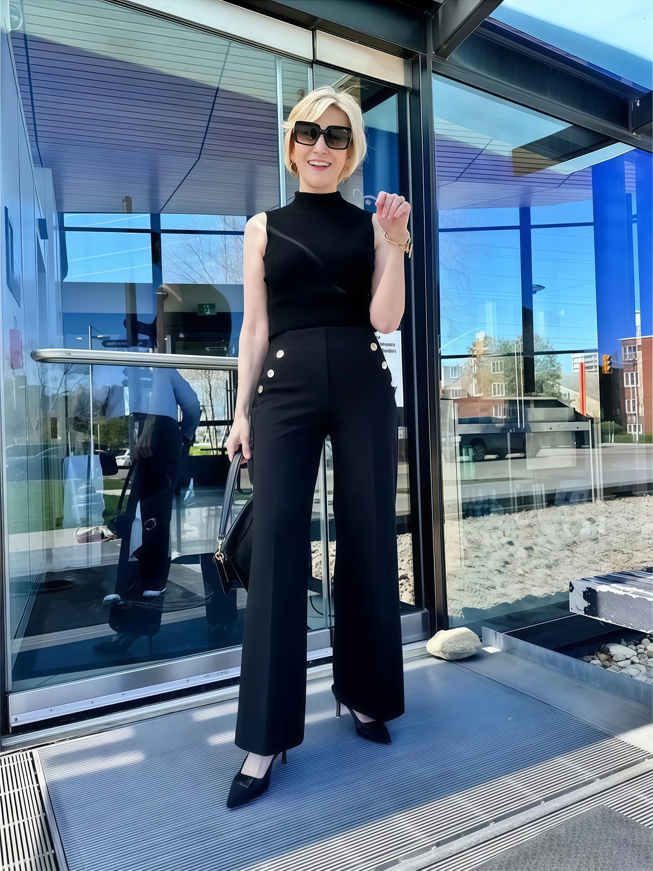 Tummy Control Button Wide Leg Pant