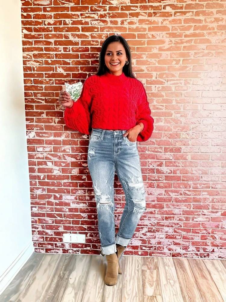 Tummy Control Distressed Cuffed Boyfriend Jeans