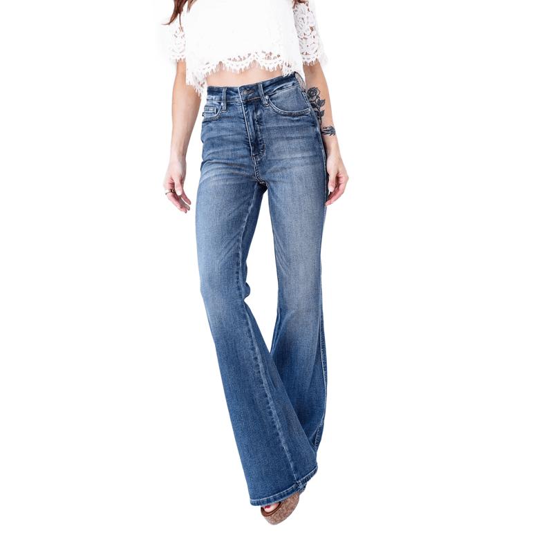 Judy High Rise Dark Wash With Contrast Tummy Control Flare Jeans